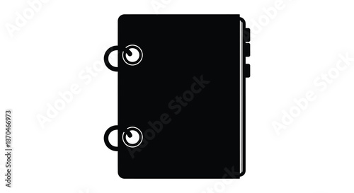 A striking black and white image of a closed notebook with circular binding rings silhouette