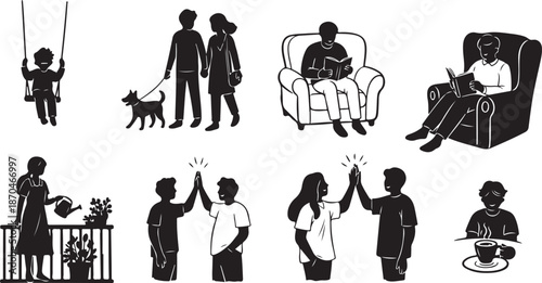 Silhouette illustrations of people in various daily life scenes