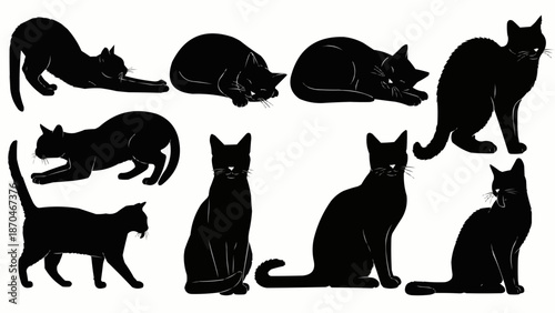 Collection of Black Cat Silhouettes in Various Poses.