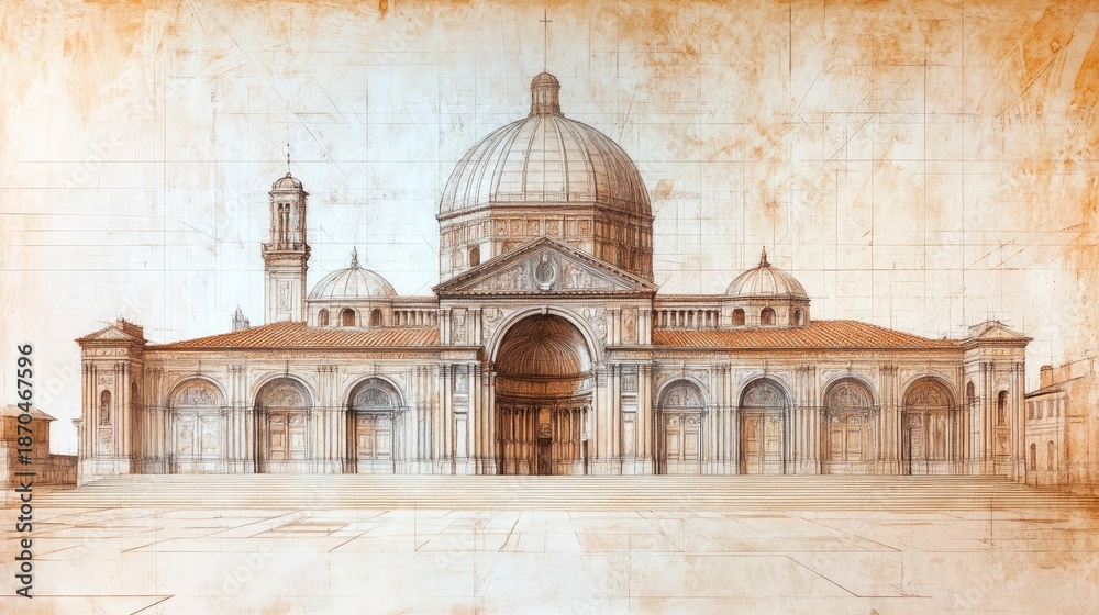 Naklejka premium Architectural Masterpiece: A Detailed Rendering of a Grand Basilica