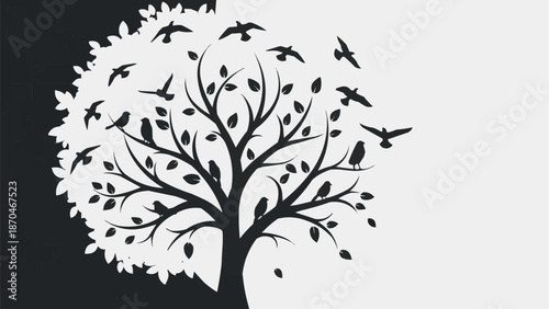 Silhouette of a Tree with Birds Flying Away.