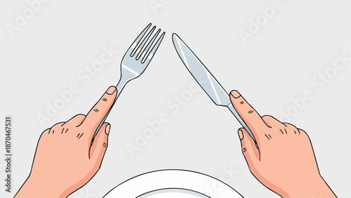 Person holding fork and knife ready to eat meal.