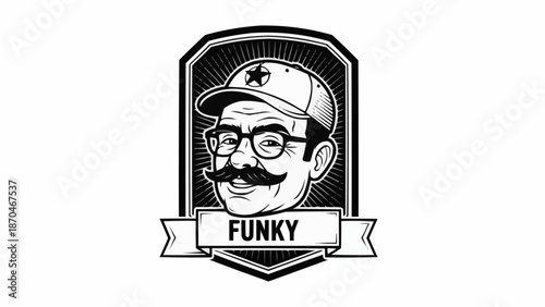 Funky Man Wearing Baseball Cap and Glasses with Mustache Emblem.