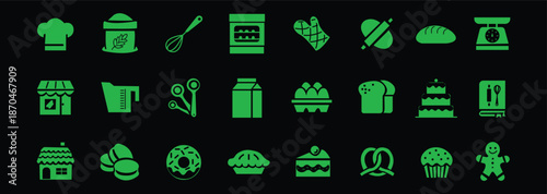 Bakery icon set. Dessert and kitchen tools symbol. Vector illustration.