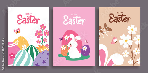 Happy Easter greeting clipart poster set. Happy Easter greeting card with cute bunny, colorful Easter egg and flowers decoration element clip art collection for Sunday Christian celebration vector