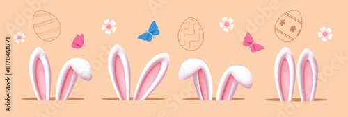 Easter bunny ears clipart set. Cute Easter rabbit ears in a hole clip art with drawing easter egg, butterfly and flower decoration elements collection for spring season vector illustration.
