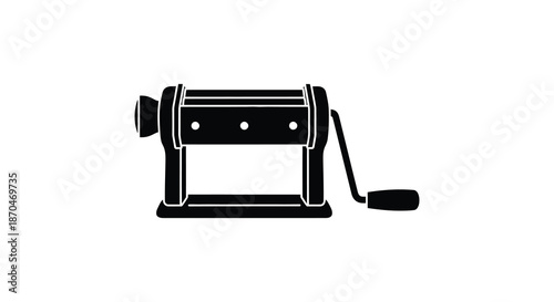 A detailed black and white illustration of a vintage pasta machine in profile silhouette