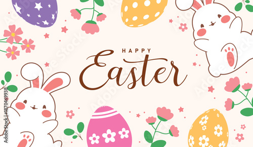 Happy Easter greeting clipart background design. Happy Easter greeting clip art with bunny outline, pink spring flowers and colorful Easter egg border design holiday season banner card template vector