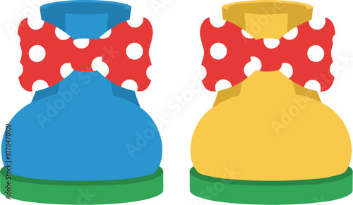 Flat Design Two Clown Shoes with Bow Tie Illustration Element
