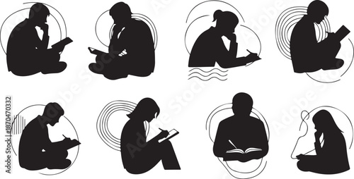 Silhouettes of people reading in various poses and settings