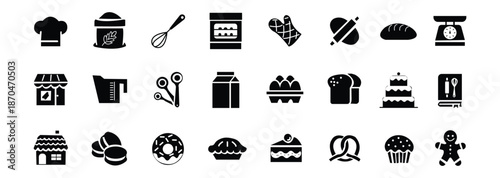 Bakery icon set. Dessert and kitchen tools symbol. Vector illustration.