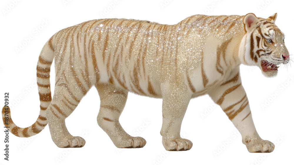 Obraz premium Majestic White Tiger Walking with Glittering Fur Under Bright Lighting in a Natural Setting