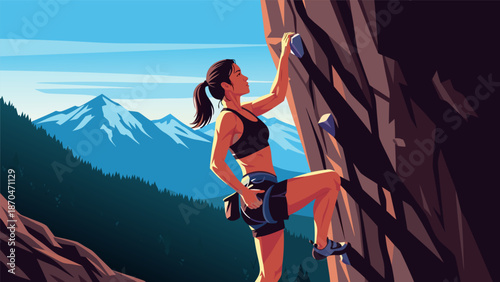 Dynamic Vector Illustration of a Fit Woman Rock Climbing with Determination, Capturing the Thrill of Outdoor Adventure and Physical Challenge