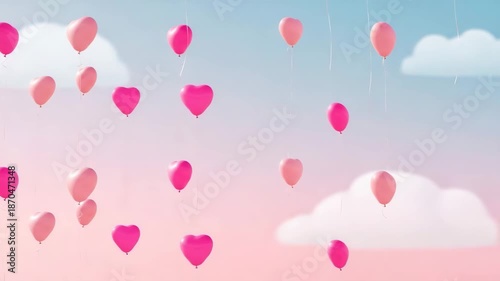 Heart-shaped pink balloons floating in a cloudy pastel sky  