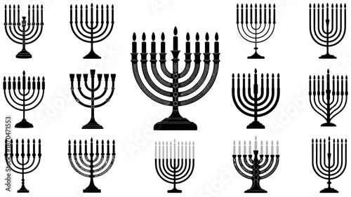 Collection of menorahs in black and white minimalist vector style ideal for Hanukkah decorations religious themes posters branding educational materials and creative design projects