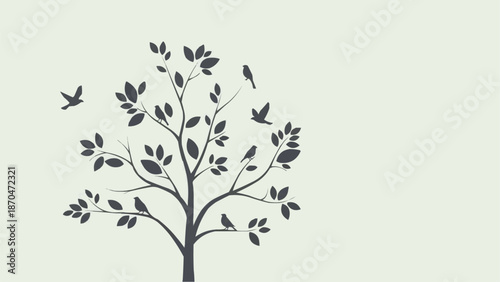 Silhouette of a tree with birds flying around it.