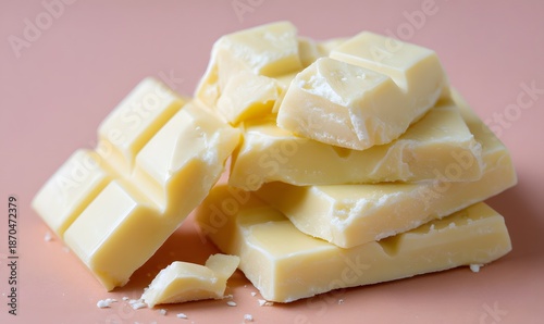Close up of white chocolate with chunk pieces isolated on background, sweet milk choc squares.