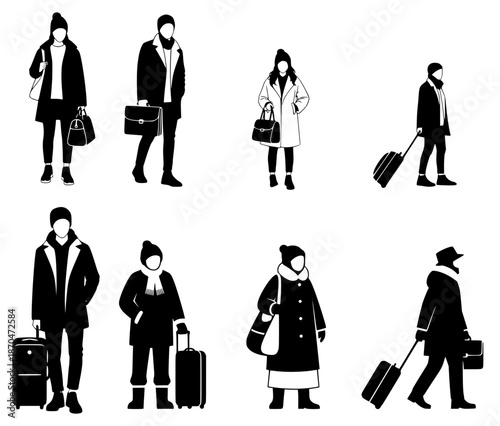 Set of traveling people silhouettes in winter clothes. Men and women with suitcases and bags isolated on white background