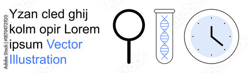 Science, research, analysis, genetics, discovery, time. DNA helix, magnifying glass and clock symbols are . Science and research ideas through visually iconic elements