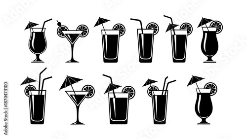 Assorted cocktail illustrations in black and white, featuring various glasses and garnishes