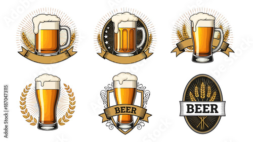Collection of beer mug illustrations showcasing various designs and elements in a clean white background