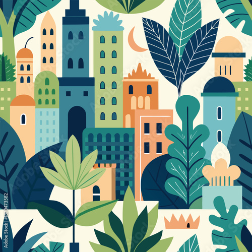 Urban nature illustration with city skyline buildings and green plants
