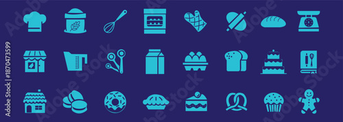 Bakery icon set. Dessert and kitchen tools symbol. Vector illustration.