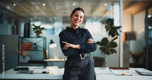Tableau sur toile Portrait, arms crossed and smile with business woman in office for about us, stock broker advisor and pride