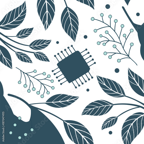Nature and technology illustration with leaves and microchip fusion concept