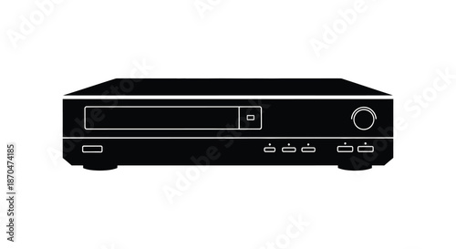 A simple black silhouette of a vintage vhs player with a classic design silhouette