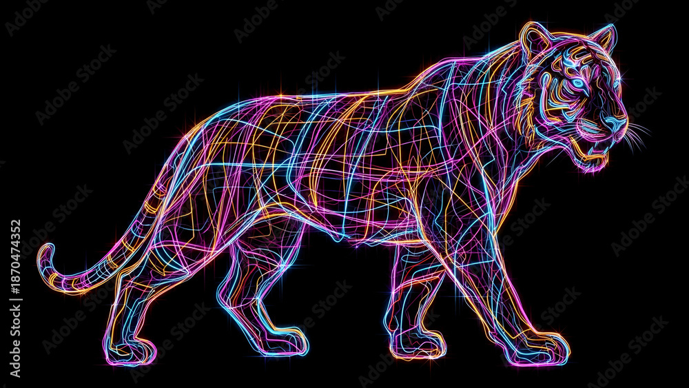 Fototapeta premium Vibrant neon tiger walking against black background