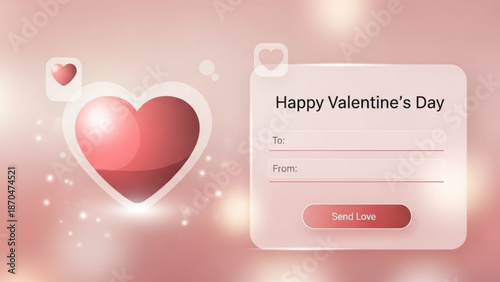 Valentines Day greeting card with heart icon and Send Love button digital message concept for romance and celebration soft pink background