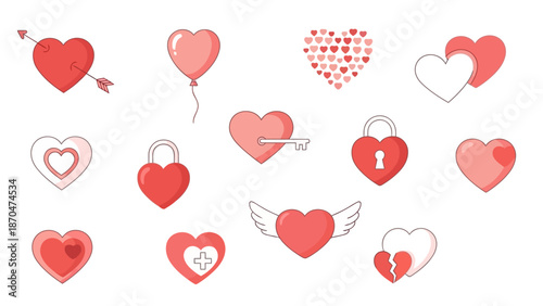 love icons with hearts and locks on white background