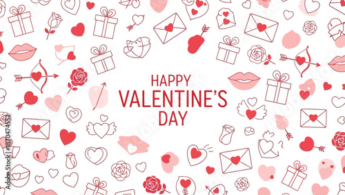 Valentine's Day celebration with hearts, gifts, and love symbols around