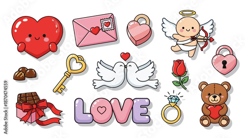 Collection of cartoon love symbols and icons displayed together beautifully on a white background.