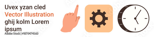 Time management, productivity, workflow, settings, schedule, process. Hand pointing next to gear and clock icons. Time management and productivity for efficient processes and organization