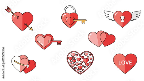 illustration shows various cute heart designs with love themes