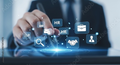 A person interacting with a digital interface showcasing human resources icons