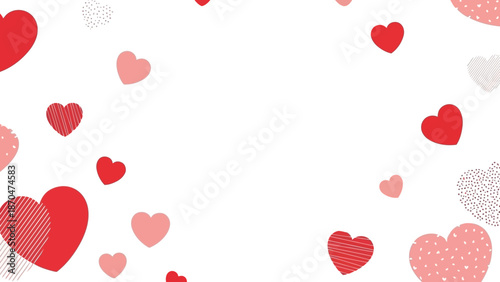 A collection of red and pink hearts floating in the air, best viewed in February, on a white background with various patterns.