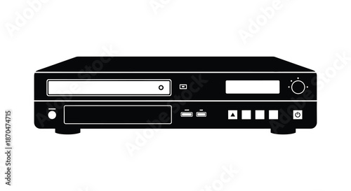 A stark black silhouette of a vintage vhs player showcasing retro technology and design silhouette