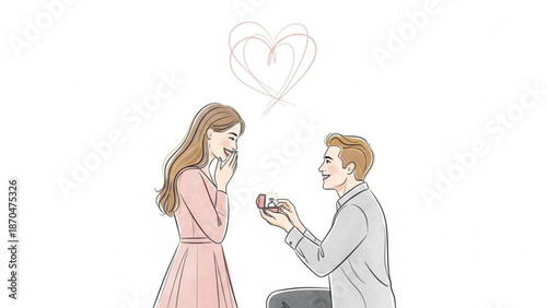 Man proposing marriage to a surprised woman with a ring romantic proposal illustration with heart symbol celebrating love and commitment