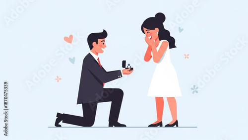 Man proposing marriage with a ring woman reacting with joy romantic proposal illustration for wedding or engagement concepts flat design