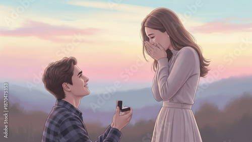 Man proposing marriage to a crying woman with a ring box romantic proposal scene at sunset with soft pastel sky and hills illustration for love and commitment