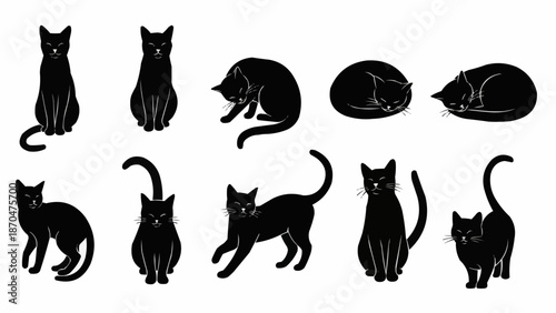 Collection of Black Cat Silhouettes in Various Poses.
