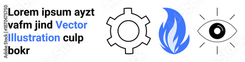 Simplified gear, blue flame, and stylized eye with rays suggest themes of technology, energy, vision, innovation, mechanics, industrial progress and creativity. Ideal for simple landing page