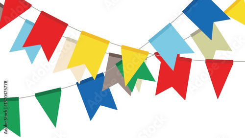 Colorful paper triangular flags strung together on a white background with a vibrant display of red, blue, green, yellow, and beige triangular shapes.