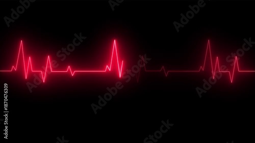 Neon glowing  heartbeat and pulse rate animation. red color heartbeat monitor ECG line monitor showing heart pulse 4k black background