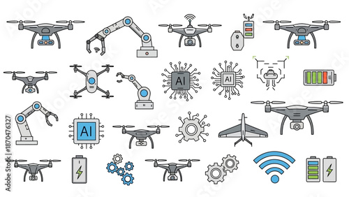 This image illustrates industrial automation and smart manufacturing using robotic arms, drones, and connected technology icons. It represents Industry 4.0 concepts where artificial intelligence, robo