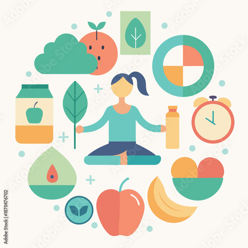 Healthy lifestyle illustration with yoga nutrition wellness and balance icons