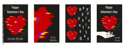 Glitch Valentine's day poster cover set. Vector illustration of trendy Glitch red heart with illusion of distorted and bold holiday message isolated black background. Valentine's Day card collection